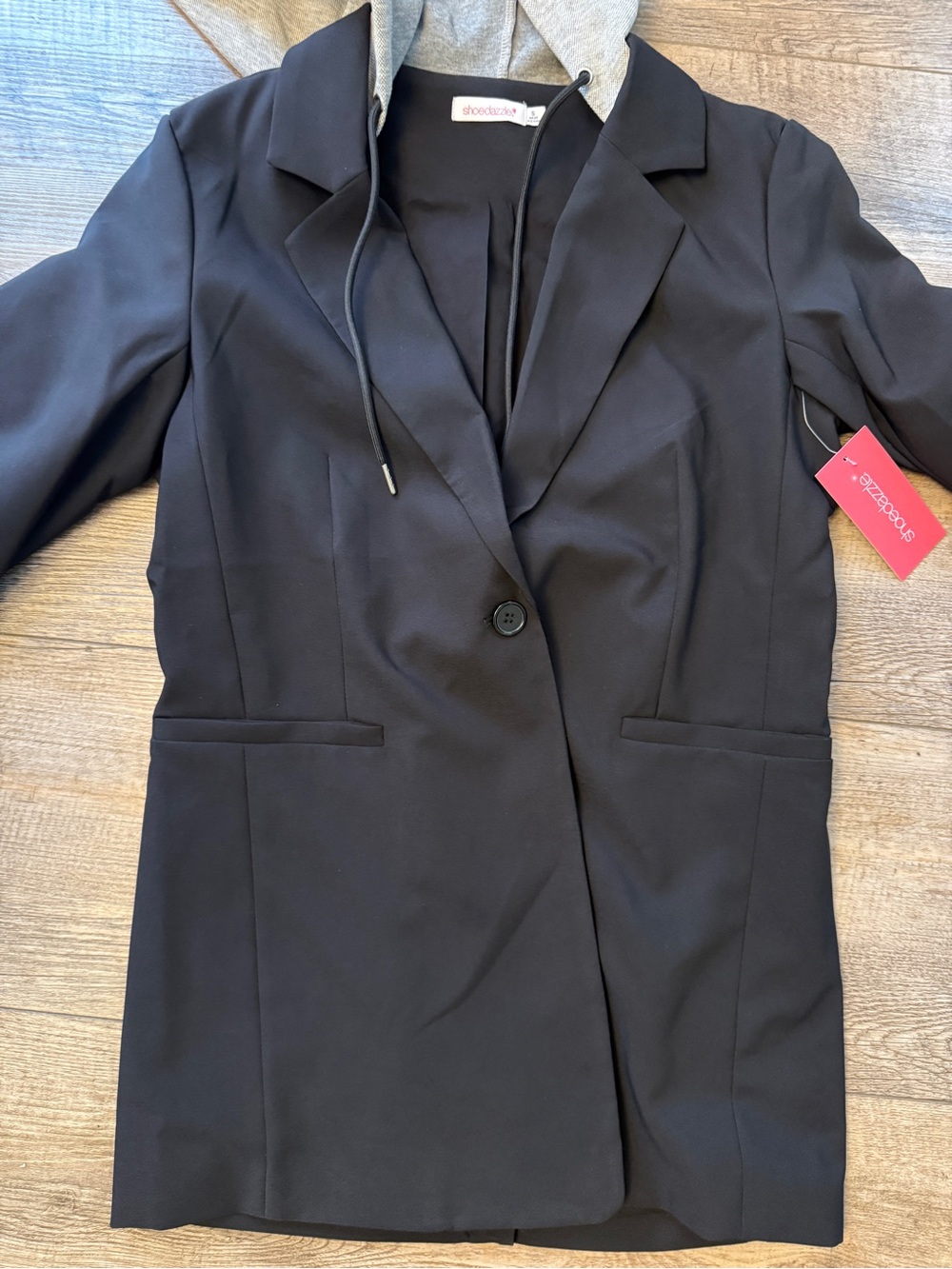 Shoe Dazzle Black Blazer with Gray Hooded Insert